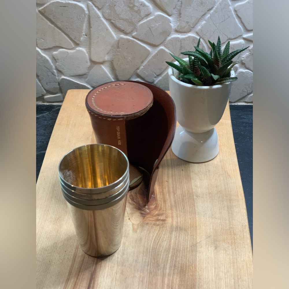 VINTAGE | Set of 4 | Made in Germany | Stacked Metal Shot Cups in Leather Case